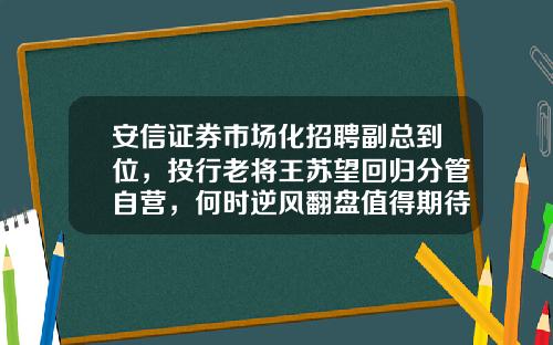 安信证券市场化招聘副总到位，投行老将王苏望回归分管自营，何时逆风翻盘值得期待-中国证券投资基金招聘