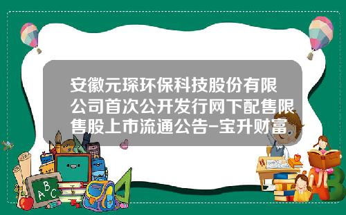 安徽元琛环保科技股份有限公司首次公开发行网下配售限售股上市流通公告-宝升财富是正经公司吗