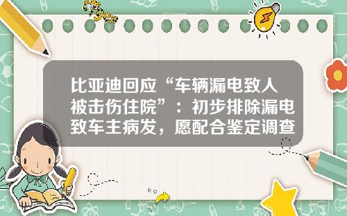 比亚迪回应“车辆漏电致人被击伤住院”：初步排除漏电致车主病发，愿配合鉴定调查
