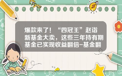 爆款来了！“四冠王”赵诣新基金大卖，这些三年持有期基金已实现收益翻倍-基金翻倍